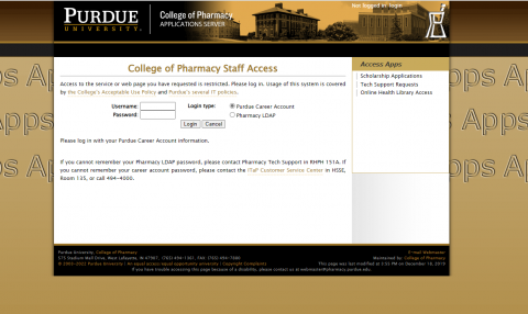 Image displaying the expected College of Pharmacy Access page