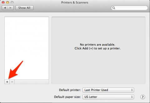 Image showing the location of the plus sign button ('+') in the Printers and Scanners menu