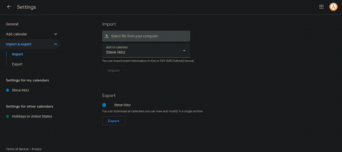 Settings Menu with Import & Export page open